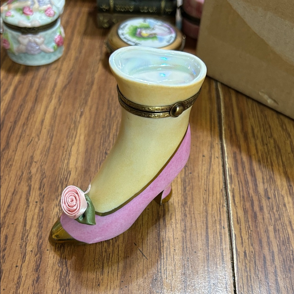Limoges France Pink & Cream Ladies' Boot Trinket Box -Gold Accent & satin rose